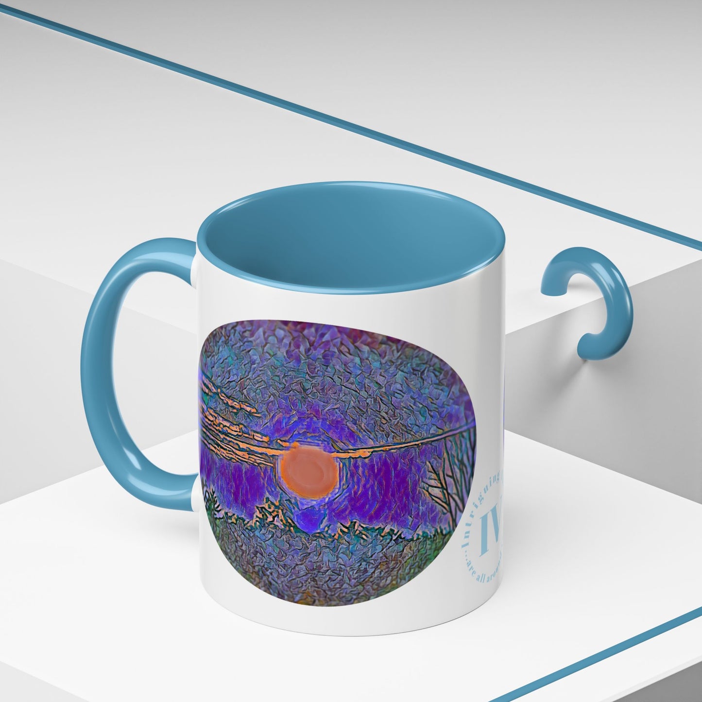 Custom Designed Lt Blue Accent Coffee Mug Available In Two Sizes From The Sunset Series At Intriguing Vistas