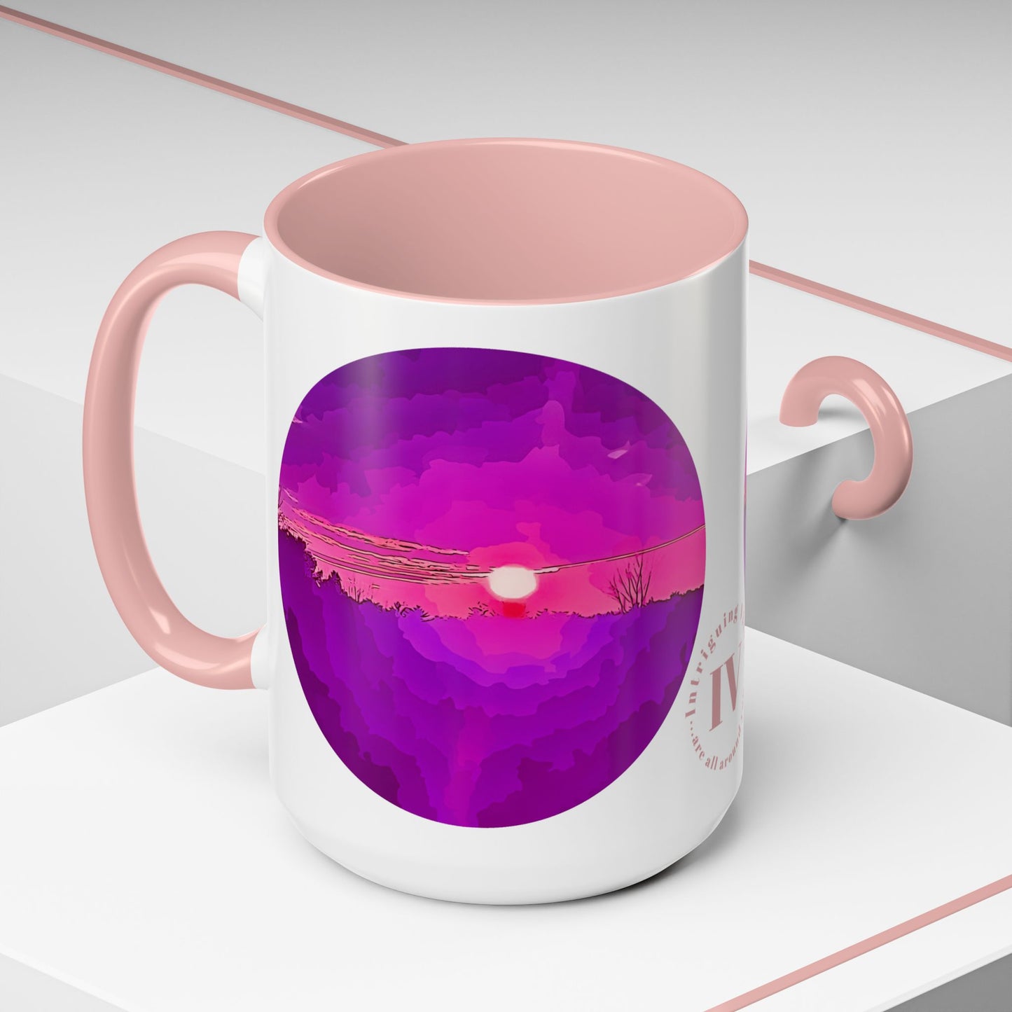 Custom Designed Pink Accent Coffee Mug Available In Two Sizes From The Sunset Series At Intriguing Vistas