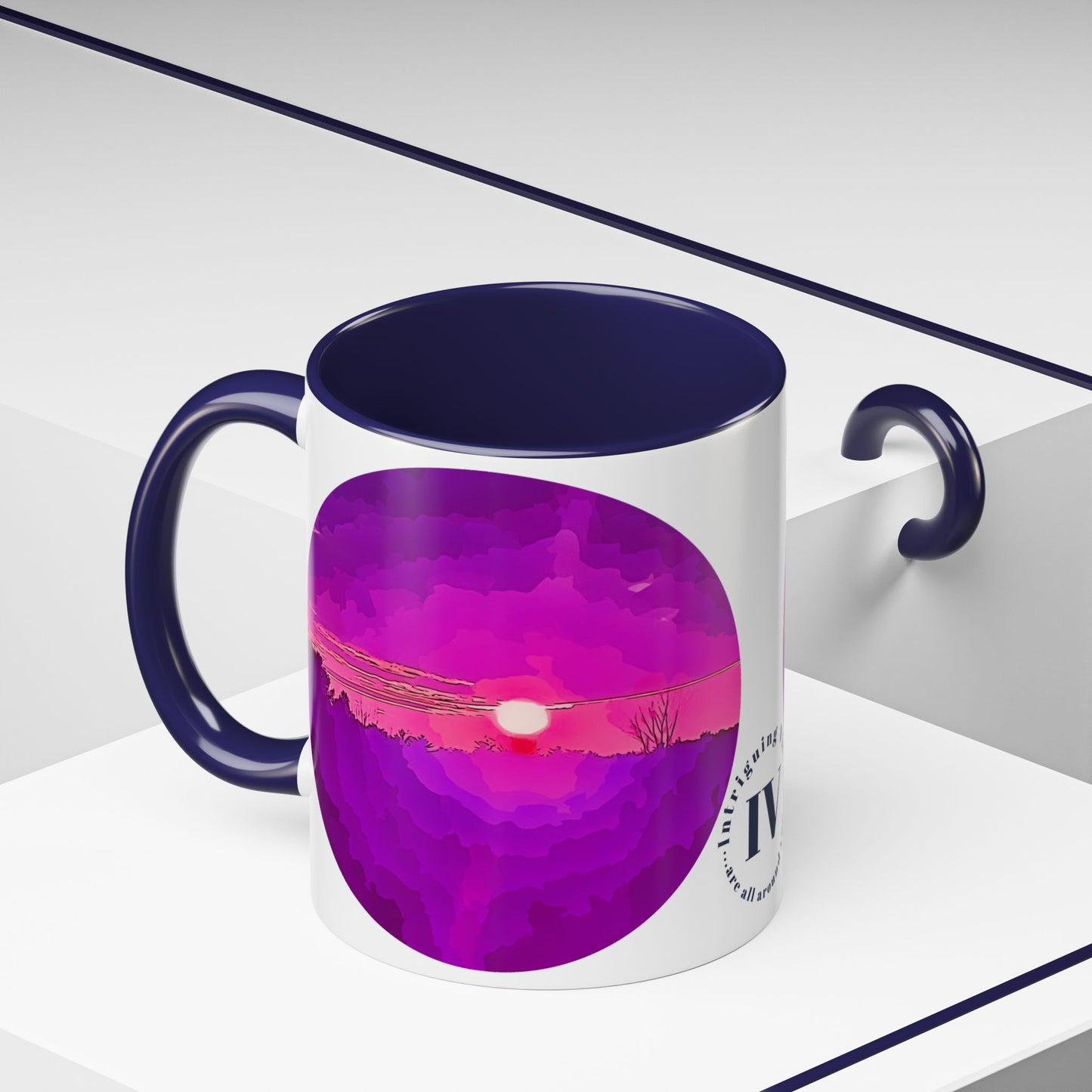 Custom Designed Navy Accent Coffee Mug Available In Two Sizes From The Sunset Series At Intriguing Vistas