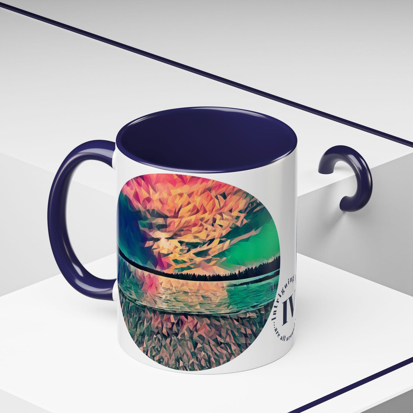 Custom Designed Navy Accent Coffee Mug Available In Two Sizes From The Sunset Series At Intriguing Vistas
