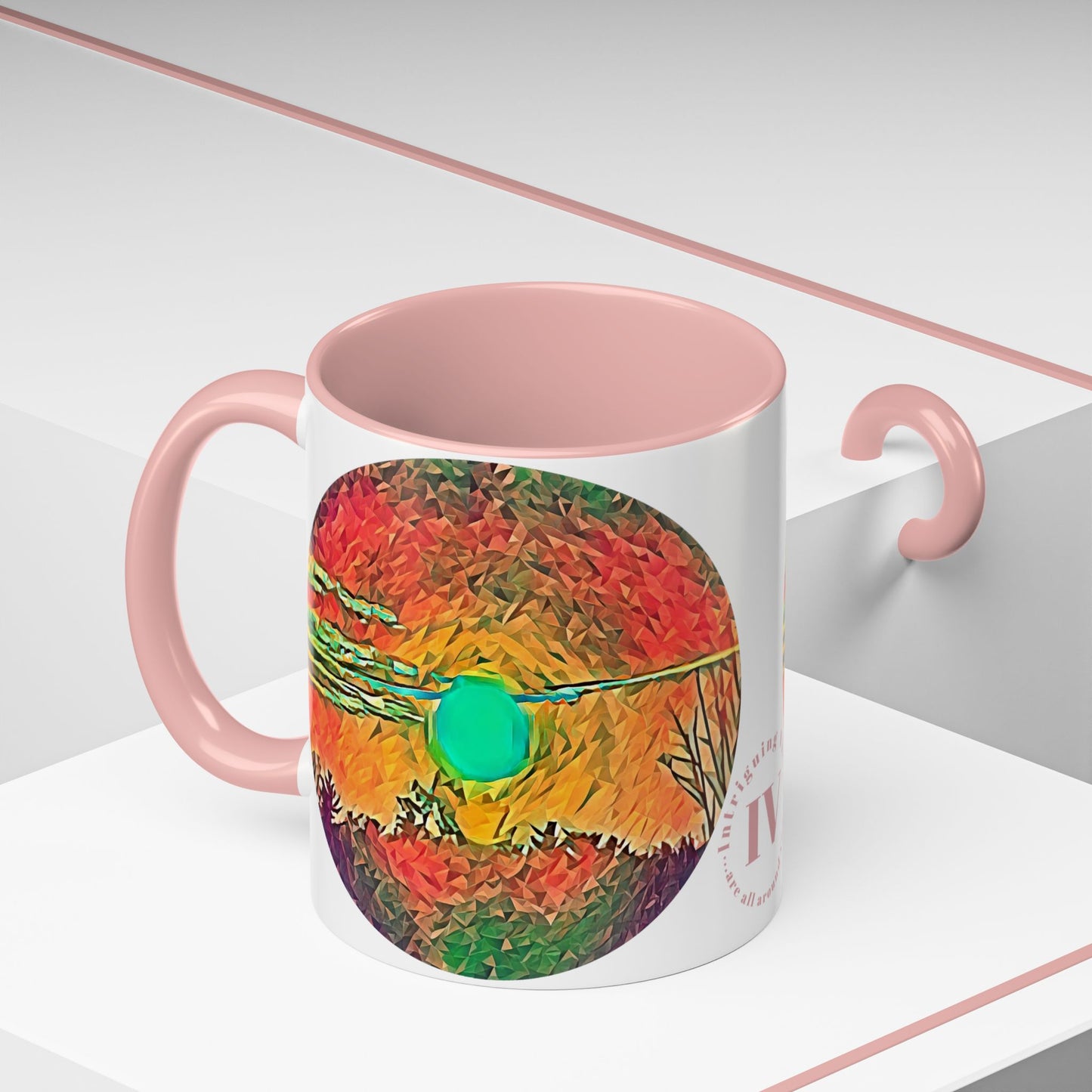 Custom Designed Pink Accent Coffee Mug Available In Two Sizes From The Sunset Series At Intriguing Vistas