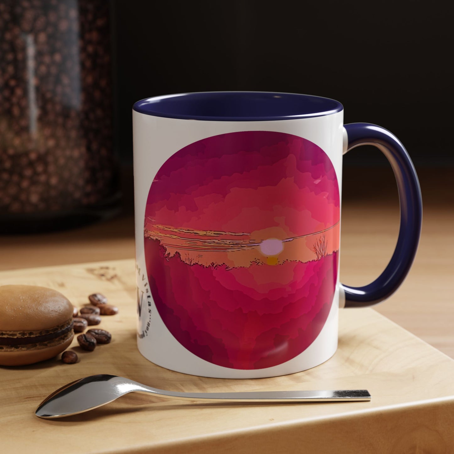 Custom Designed Navy Accent Coffee Mug Available In Two Sizes From The Sunset Series At Intriguing Vistas