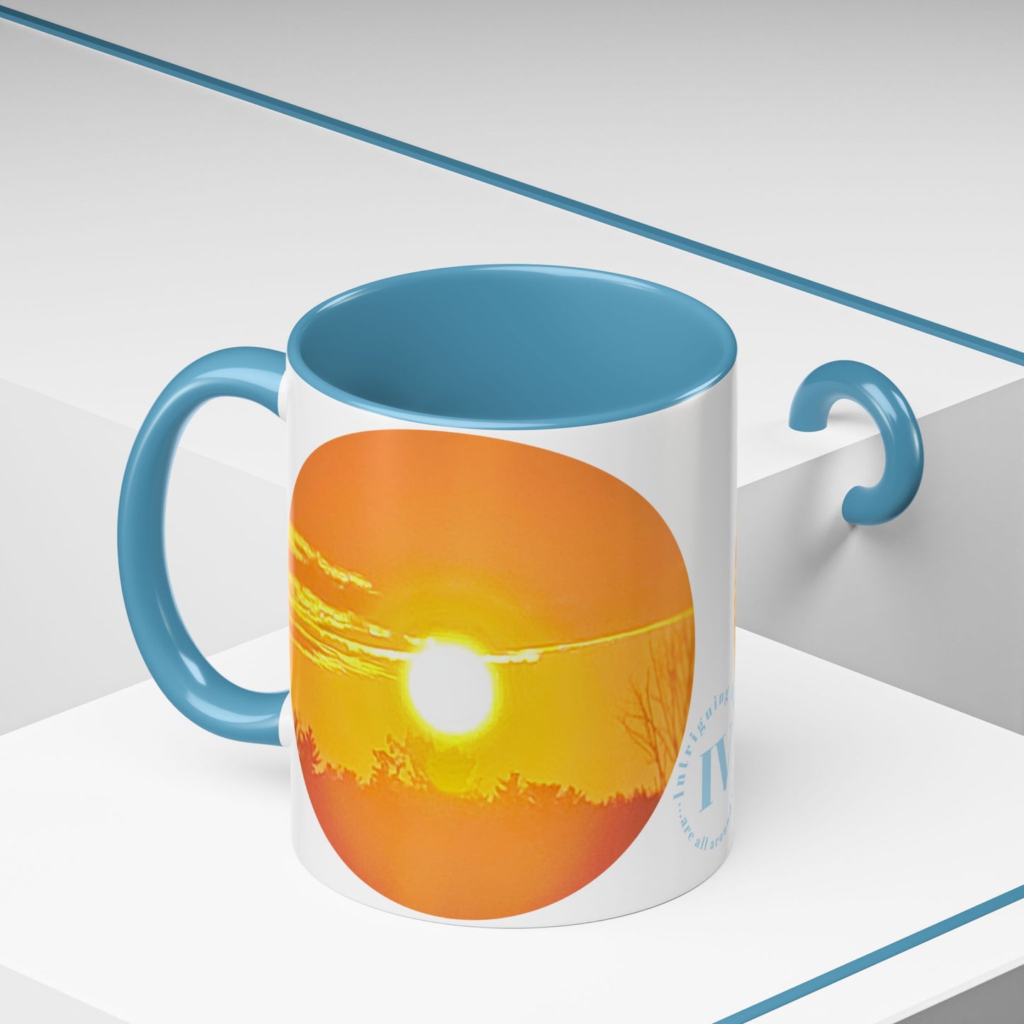 Custom Designed Lt Blue Accent Coffee Mug Available In Two Sizes From The Sunset Series At Intriguing Vistas