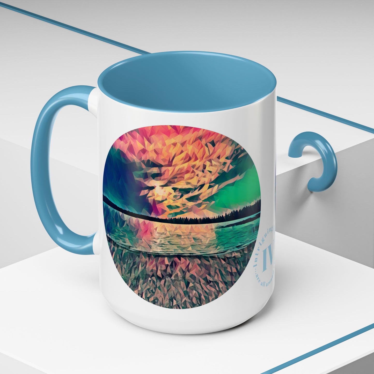 Custom Designed Lt Blue Accent Coffee Mug Available In Two Sizes From The Sunset Series At Intriguing Vistas
