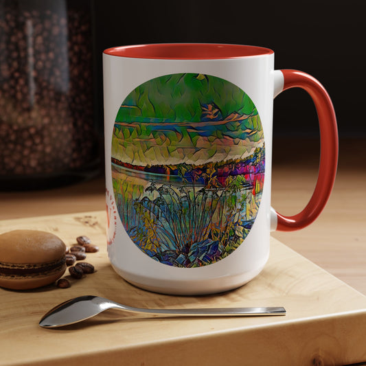 Custom Designed Red Accent Coffee Mug Available In Two Sizes From The Scenery Series At Intriguing Vistas